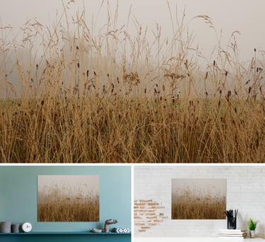 Digital image of long grass in the fog on a canvas print on a wall above a unit and desk