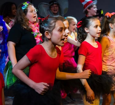 Group of children performing on stage in colorful costumes during a musical theatre production .
