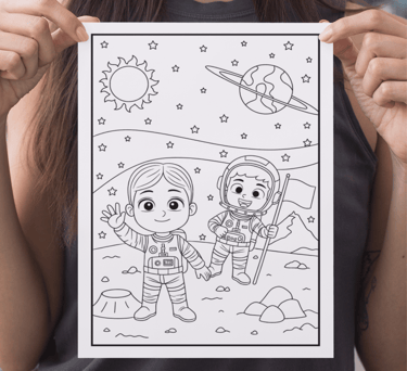 a woman holding a coloring book with a drawing of a cartoon character