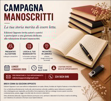 Edizioni Opposto publishing house manuscript review event poster with an open notebook, fountain pen, and books.