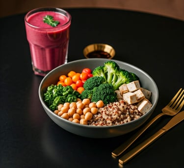 Nutritious fit quinoa bowl with vegetables and fruit juice