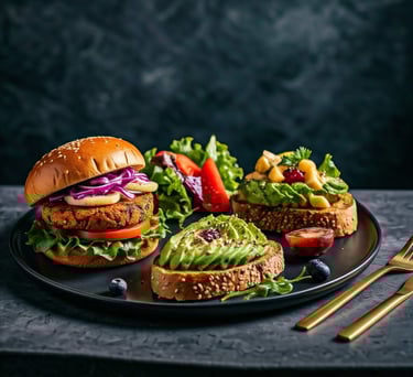 Whole food plant based burger and avocado toast