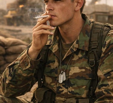 a man in a military uniform smoking a cigarette