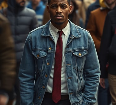 a man in a suit and tie standing in a crowded street