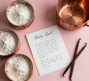 A beautifully arranged flat-lay of baking essentials on a dusty pink background: copper mixing bowls, artisanal flour, high-quality vanilla beans, and a handwritten recipe card with elegant calligraphy. Warm, natural lighting, stylish professional bakery aesthetic.