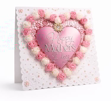 Handmade Mother's Day card featuring a pink heart and decorative foam roses.