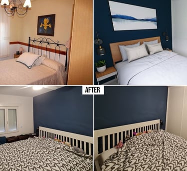 Bedroom before and after villa reform in La Marina, updated from a dated cream interior to a modern