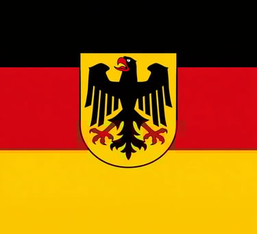 Vertical German flag featuring black, red, and gold stripes with the federal coat of arms eagle.