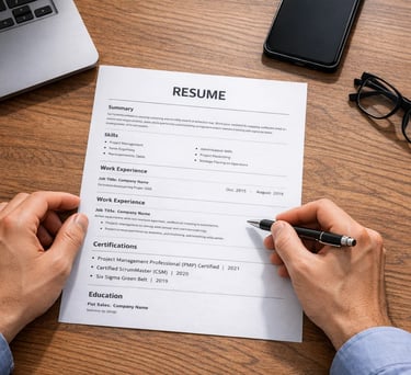 Professional resume on a wooden desk with a pen, laptop, and glasses for job application preparation.
