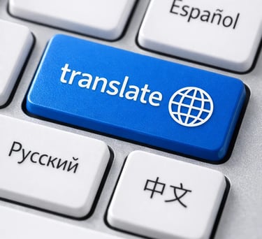 A blue translate button on a keyboard surrounded by English, Spanish, Russian, and Chinese keys.