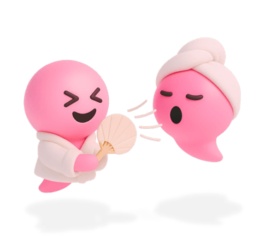 Two cheerful pink Blabit bubbles interacting - one wearing white robes holds a fan while the other appears surprised