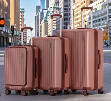 three suitcases with luggage bags on the sidewalk