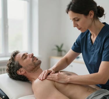 A professional Southern European physiotherapist, a woman with dark hair, gently performing a manual therapy technique on a patient's shoulder. The patient is a middle-aged Southern European man, lying on a treatment bed. The clinic is modern, clean, and bright, with soft, natural light coming through a large window. The atmosphere is calm and professional, emphasizing care and trust. Composition is a close-up, focusing on the hands and shoulders, showing attention to detail. Soft focus background.