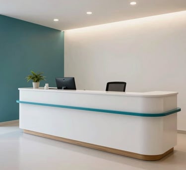 Modern reception desk of a clinic in Mallorca. Clean white surfaces, teal blue accents, minimalist wood elements, warm lighting, Southern European / Spanish design.