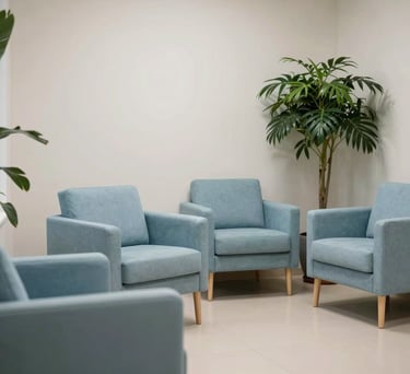Patient waiting area with comfortable minimalist armchairs in light blue, local plants, and a calm, quiet atmosphere in a Southern European / Spanish clinic.