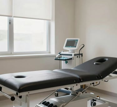 Private treatment room in a physiotherapy clinic. High-quality treatment table, professional medical tools neatly organized, soft off-white walls, large windows.