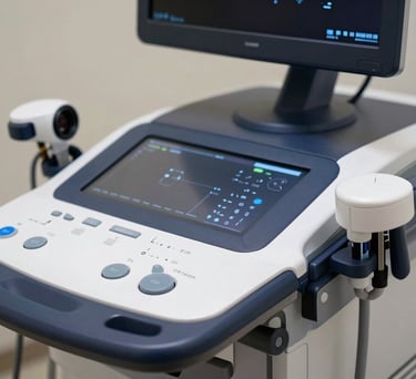 Macro shot of a high-tech ultrasound therapy machine in a professional clinical setting. Dark blue and white palette, focus on clean technology.