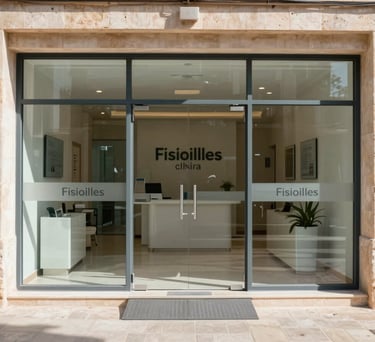 The welcoming entrance of the Fisioilles clinic in Palmanova, Mallorca. Clean glass door with subtle branding, accessible ramp, sunny Mediterranean day.
