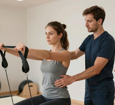 A patient, a young Southern European woman, actively engaged in a physiotherapy exercise using resistance bands, guided by a professional Southern European physiotherapist. They are in a modern, well-lit physiotherapy gym area with clean, light-colored walls and wooden accents. Soft, diffused lighting creates a serene atmosphere. The focus is on the patient's controlled movement and the physiotherapist's encouraging presence. The image conveys rehabilitation and personalized care in a professional setting.