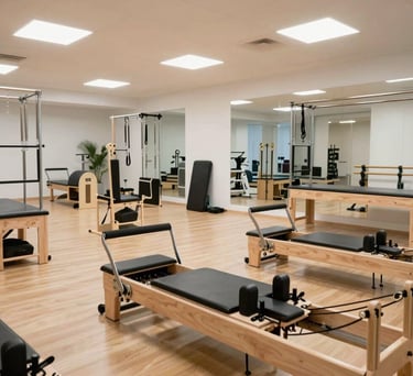 Gym and rehabilitation area of the clinic. Pilates reformers and functional training gear, bright open space with wooden floors and high ceilings.