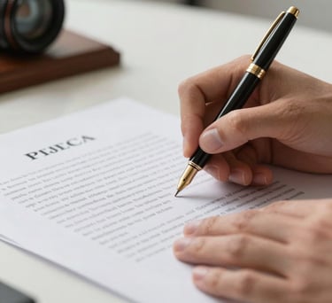 A focused close-up of hands signing a legal contract with a high-end gold-nibbed pen on white paper, professional and clean Brazilian office setting.
