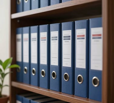 An organized office shelf with neatly arranged legal files and a small green plant, reflecting meticulous organization in a South American legal firm, soft natural light.