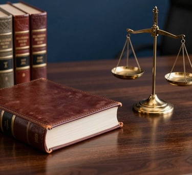 A close-up of high-quality leather bound law books and a bronze scales of justice on a polished dark wood desk in a Brazilian office, professional lighting with gold and dark blue tones.