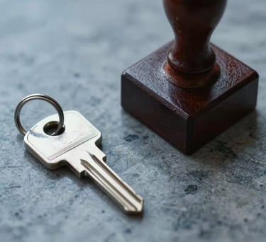 A close-up of a legal seal and a silver key on a marble surface, symbolizing property regularization and security, professionally lit in blue and grey tones.