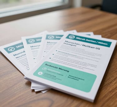 Close-up photography of a set of educational wellness pamphlets on a wooden table, featuring clean design and the organization's color palette of muted teal and mint green. Soft natural lighting from a nearby window in a North American / Michigan US office.