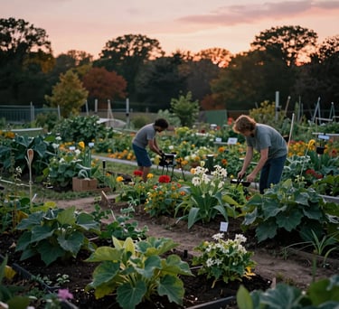 Photography of a community garden in Michigan during autumn, representing growth and collaboration. Soft Peach and Deep Forest colors in the sunset light.