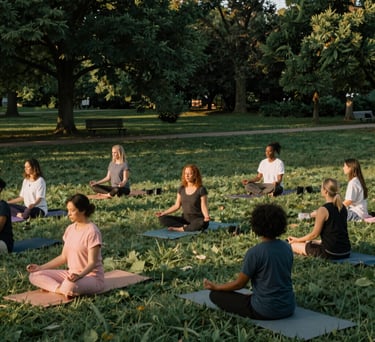 A peaceful outdoor meditation session at a local Michigan park with diverse participants. Soft Peach and Deep Forest tones in the early morning light.