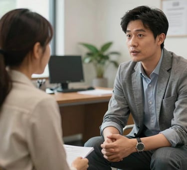 Two individuals having a supportive, focused conversation in a professional office in Michigan, symbolizing guided health counseling.