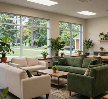 A well-lit, professional community center interior in Okemos, Michigan. The space is decorated with plants and features comfortable furniture in off-white and forest green tones. Large windows reveal a peaceful, wooded Michigan backyard. North American / Michigan US.