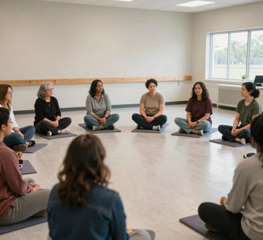 A group of diverse community members participating in a wellness seminar in a bright community hall in Okemos, Michigan. Soft natural lighting, professional and supportive atmosphere.