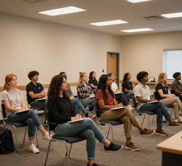A group attending an indoor health lecture in a modern Michigan community hall. The lighting is warm and the mood is educational and professional.
