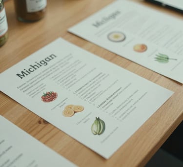Close-up of healthy food and nutrition guides on a wooden table at a workshop in Michigan. Soft Mint and Off-white tones dominate the scene.