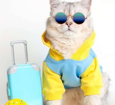 Un gato peludo con gafas de sol azules y una sudadera con capucha junto a una maleta de juguete y un