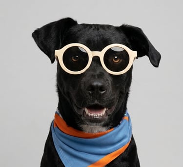 Perro negro con gafas de sol redondas de color beige y un pañuelo azul, sobre un fondo gris.