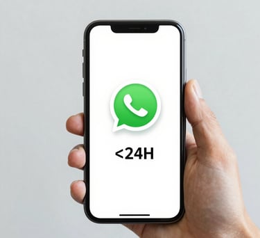 Mano sosteniendo un teléfono móvil con un chat de WhatsApp abierto para contactar con Syncro Asesore