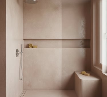 a bathroom with a shower and a shower