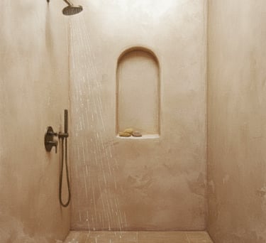 a shower with a shower head and a shower head