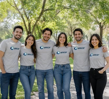Grupo de personas utilizando una playera con el logo de su empresa