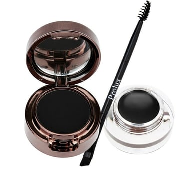 Prolux, pomada negra para cejas en gel y polvo, dúo con pincel aplicador de doble punta.