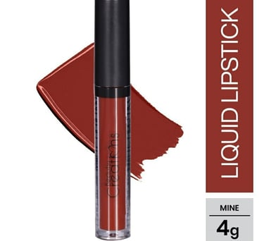 Labial líquido Beauty Creations en el tono Mine, con una muestra de color rojo intenso mate.