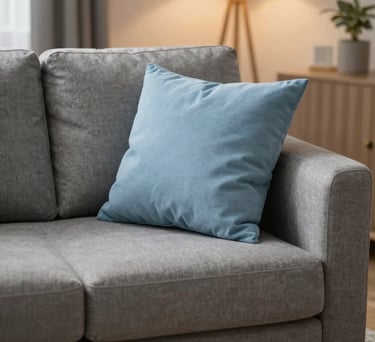 A comfortable gray sofa with soft light blue cushions in a warm and welcoming therapy room.