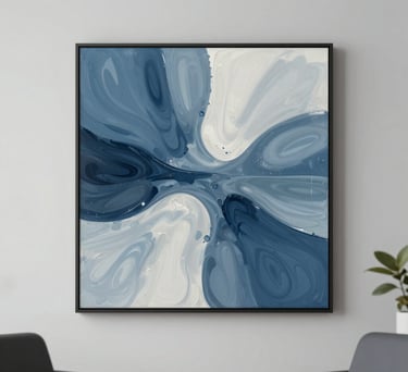 Abstract and calming wall art with fluid shapes in various shades of blue and white, hanging in a professional counseling office.