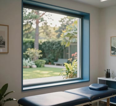 A bright window in a modern therapy office overlooking a peaceful garden, with soft light reflecting off steel blue decor.