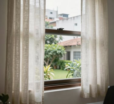 Detail of a therapist's office window with soft linen curtains and a view of a lush green garden in a Latin American urban area, bright and airy photography.