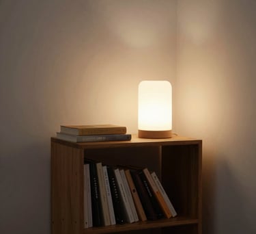 A peaceful corner of a room with a small bookshelf and a soft lamp, creating a cozy and supportive atmosphere.