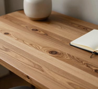 Detail of a natural wood desk with a simple ceramic lamp and a small notebook, conveying professional organization and calm.